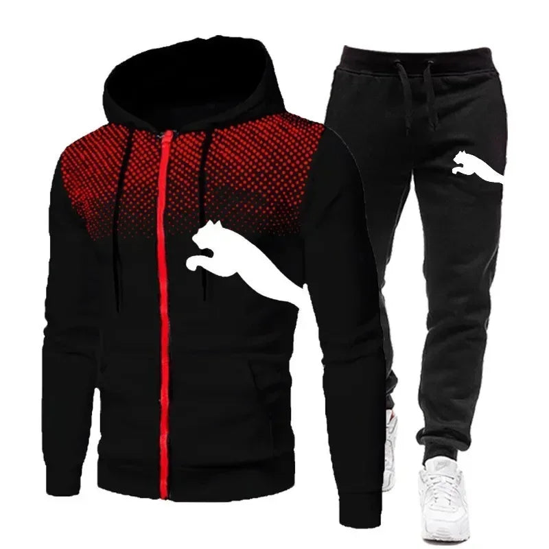 The features of men's outdoor casual sportswear are fashionable, with hooded zippered jackets, sweatshirts and sportswear pants