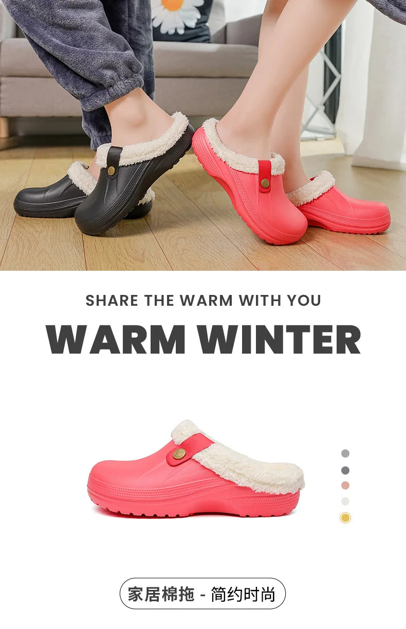 Waterproof Mule Clogs Men Slippers Winter Warm Unisex Fur Slippers House Room Slippers Trend Indoor Floor Shoes Slides For Women