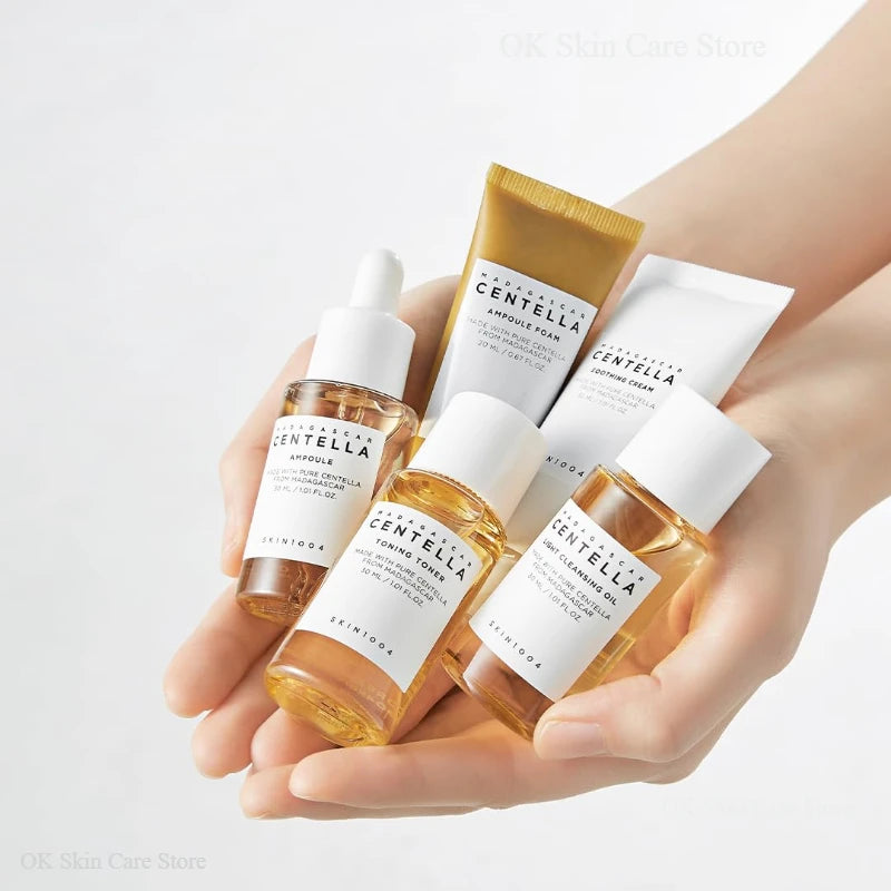 Korean Skin Care Centella Travel Kit Toner, Ampoule, Soothing Cream, Cleansing Oil, Foam, Basic Skincare Box 5pcs Set Gift Set