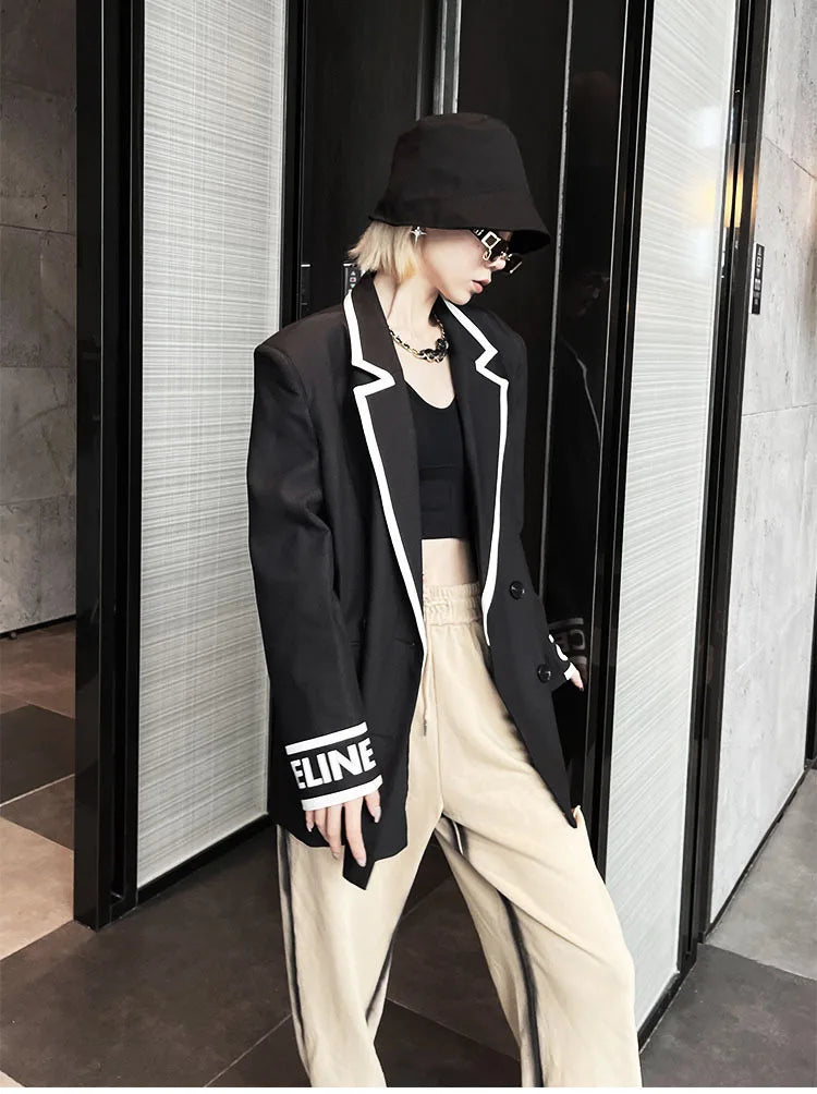 Women Fashion Jacket Wedding Casual Business High Quality Black Blazer Suit Coat Ladies Double Breasted Letter Long Sleeve Tops