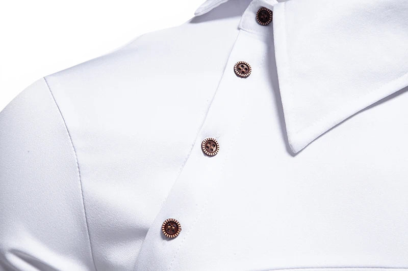 قميص رجالي عصري بياقة واقفة وأزرار مائلة وأكمام طويلة غير منتظمة مناسب للأعمال والمهرجانات