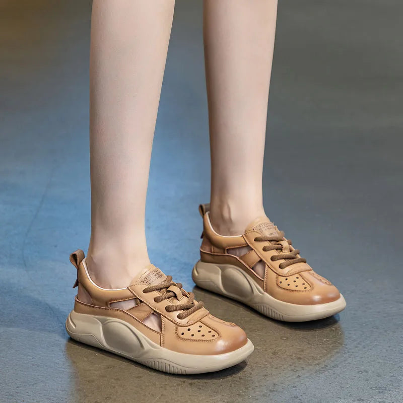 DRKANOL Platform Sandals Women Summer Round Toe Shoes Lace-Up Genuine Leather Thick Bottom Lightweight Casual Sneakers Sandals