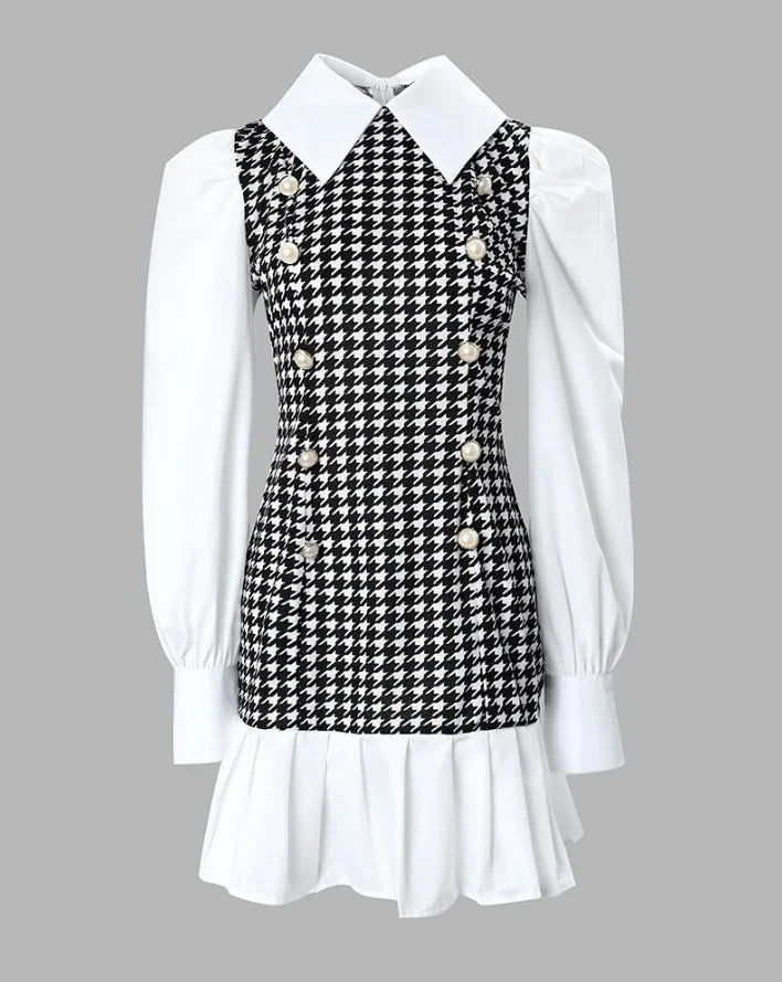 Womens Dresses 2024 Spring Fashion Houndstooth Button Decor Puff Sleeve Ruffle Hem Elegant Turn-Down Collar Daily A Line Dress SwiftNest
