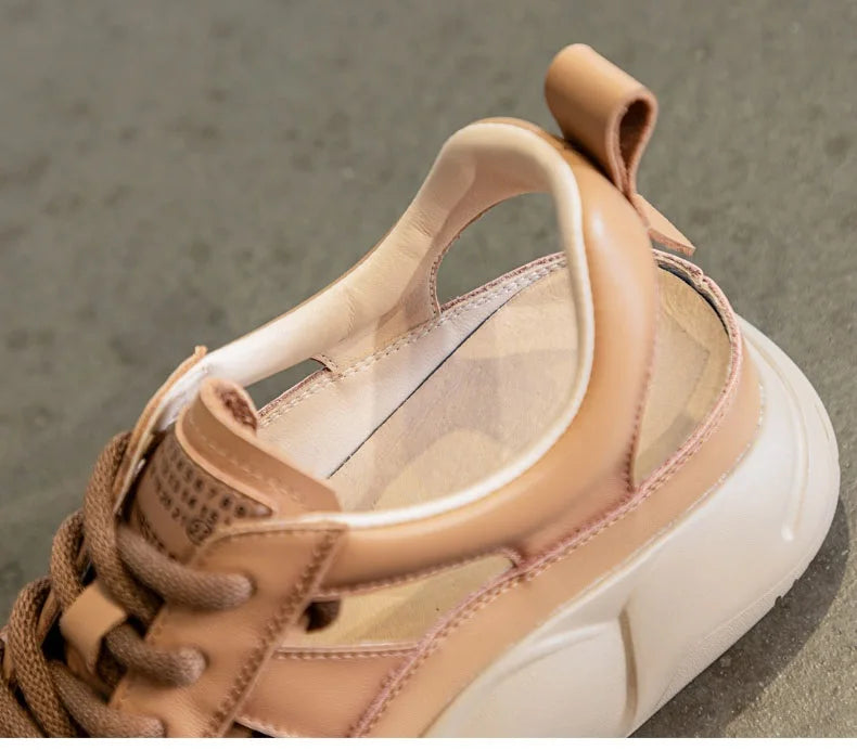 DRKANOL Platform Sandals Women Summer Round Toe Shoes Lace-Up Genuine Leather Thick Bottom Lightweight Casual Sneakers Sandals