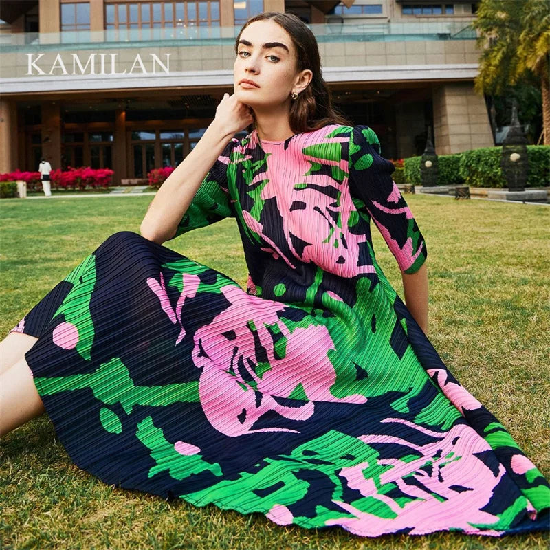 Women's Dress Womens Dresses New Pleated Fashion Temperament Loose Plus Size Dress Slim 2025 Long Skirt new Print Long Section