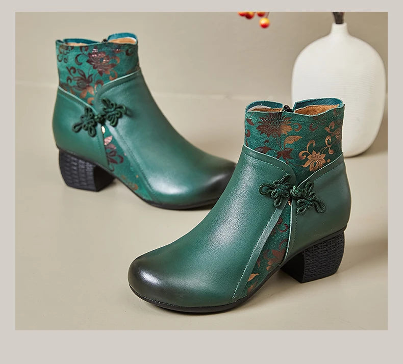 GKTINOO Genuine Leather Ankle Boots 2025 Winter New Ethnic Printed Women's Boots Soft Soles Thick Heels Mother's Leather Boots