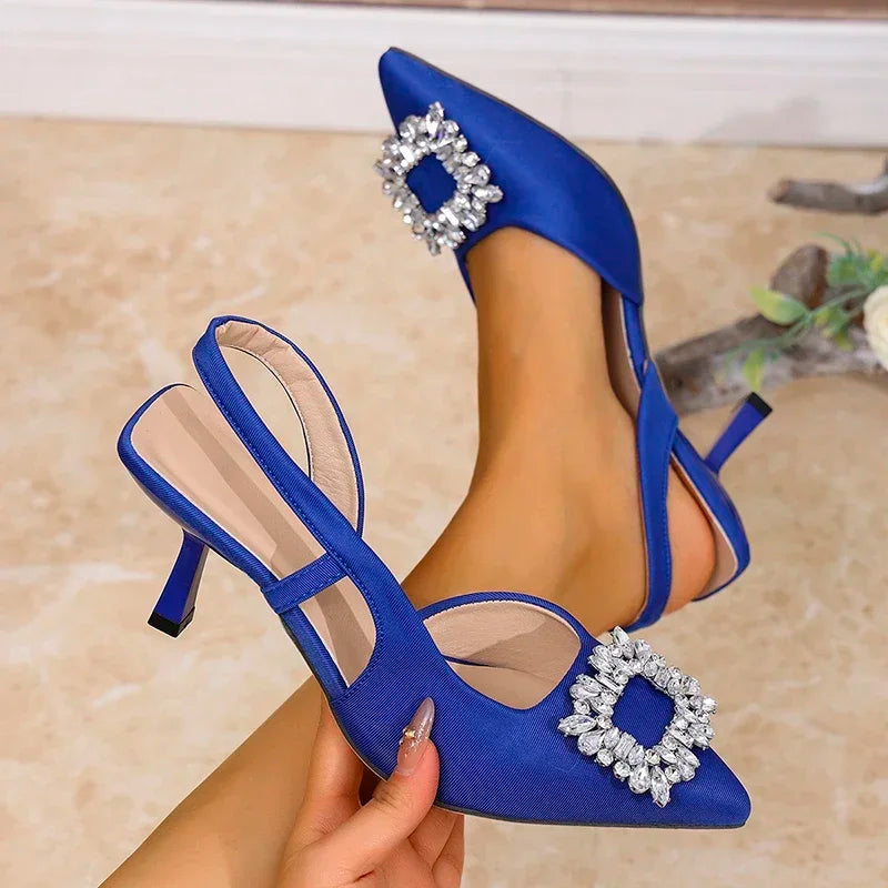 Crystal Square Buckle High Heels Sandals Women Spring Summer Slip On Pointed Toe Pumps Woman Thin Heel Party Wedding Shoes Mujer