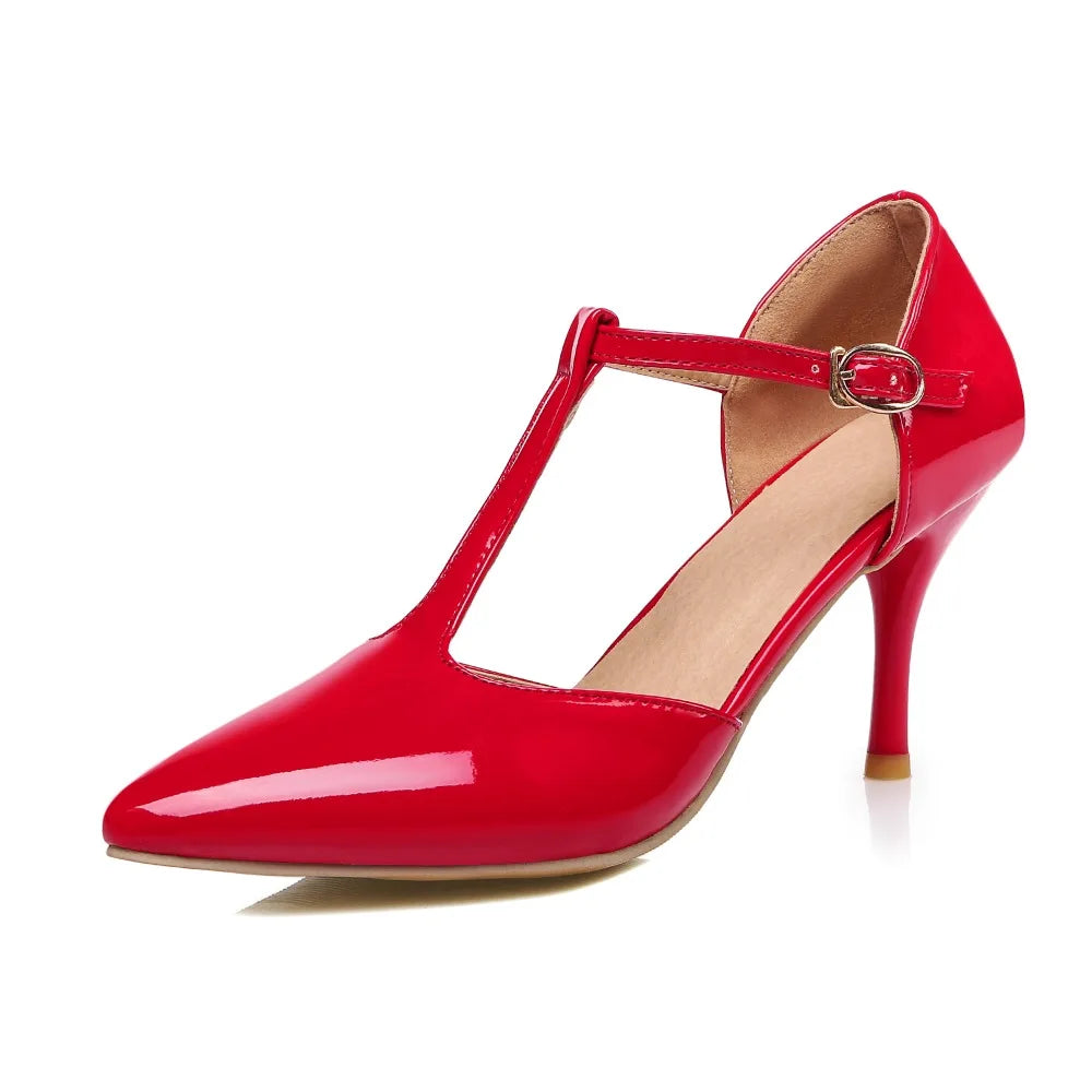 Women's High Heels Pumps D'Orsay Shoes Large Size 48 Sweet Point Toe Summer Sandals T-straps Red Pink Gold Heeled Wedding Shoes