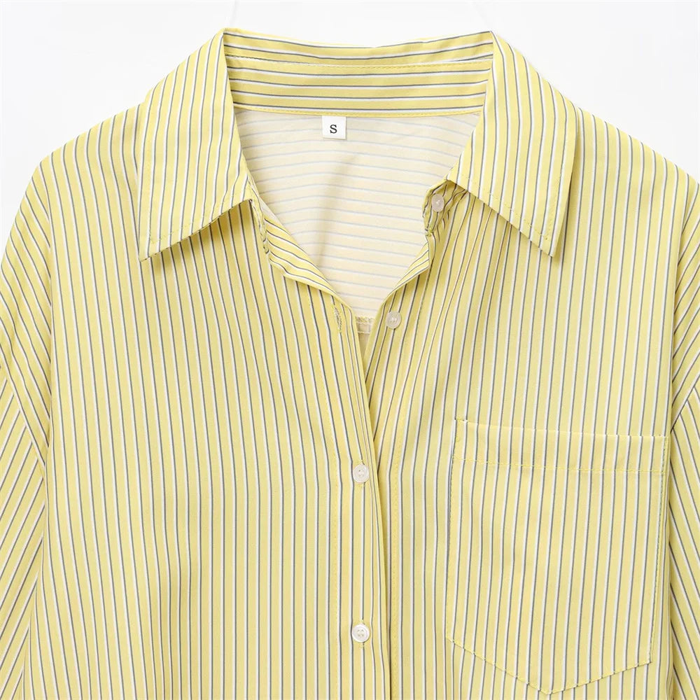 Women's Fashion Style Versatile Small Fresh Style Flip Collar Long Sleeve Top Summer New Striped Loose Poplin Shirt SwiftNest
