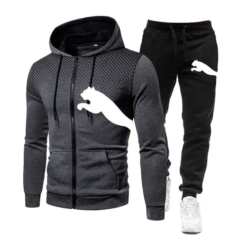 The features of men's outdoor casual sportswear are fashionable, with hooded zippered jackets, sweatshirts and sportswear pants
