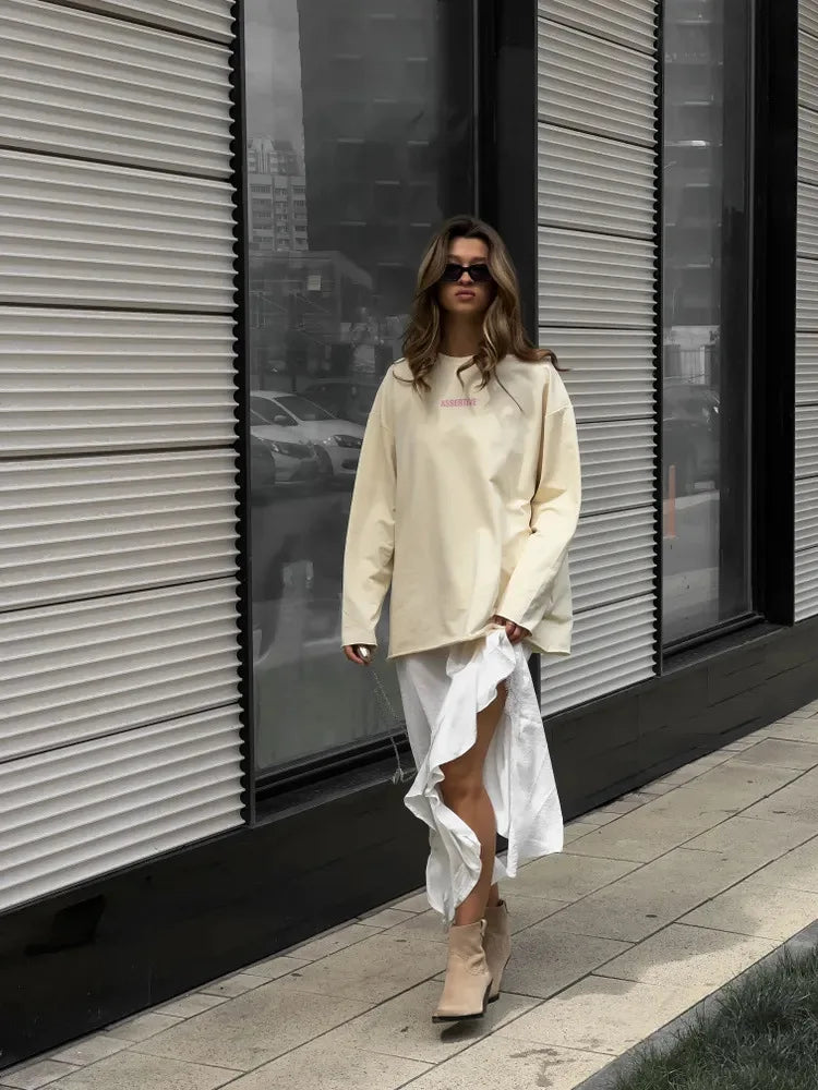 Women's Clothing Spring Loose Solid Color Round Neck Long Sleeve Tops Casual Fashion Simple Style All-match Trendy Comfortable