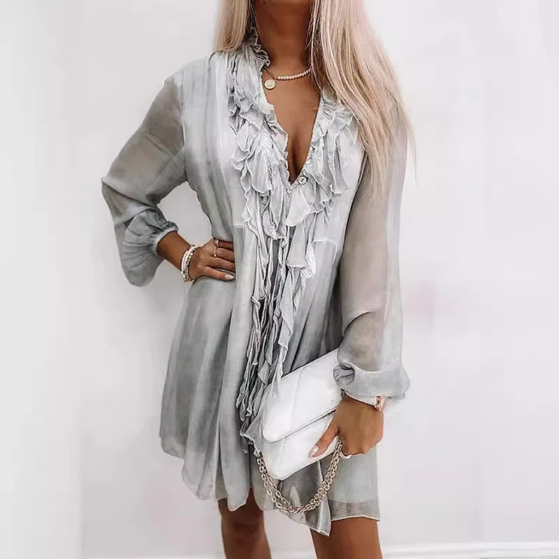 Women's Fashion Summer Beach Style Dress For Women Ruffles Tassel Tie Up Sexy V-neck Loose Solid Color Long Sleeves Dress Women SwiftNest
