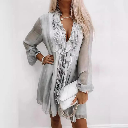 Women's Fashion Summer Beach Style Dress For Women Ruffles Tassel Tie Up Sexy V-neck Loose Solid Color Long Sleeves Dress Women SwiftNest