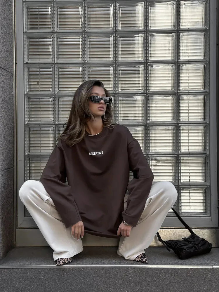 Women's Clothing Spring Loose Solid Color Round Neck Long Sleeve Tops Casual Fashion Simple Style All-match Trendy Comfortable