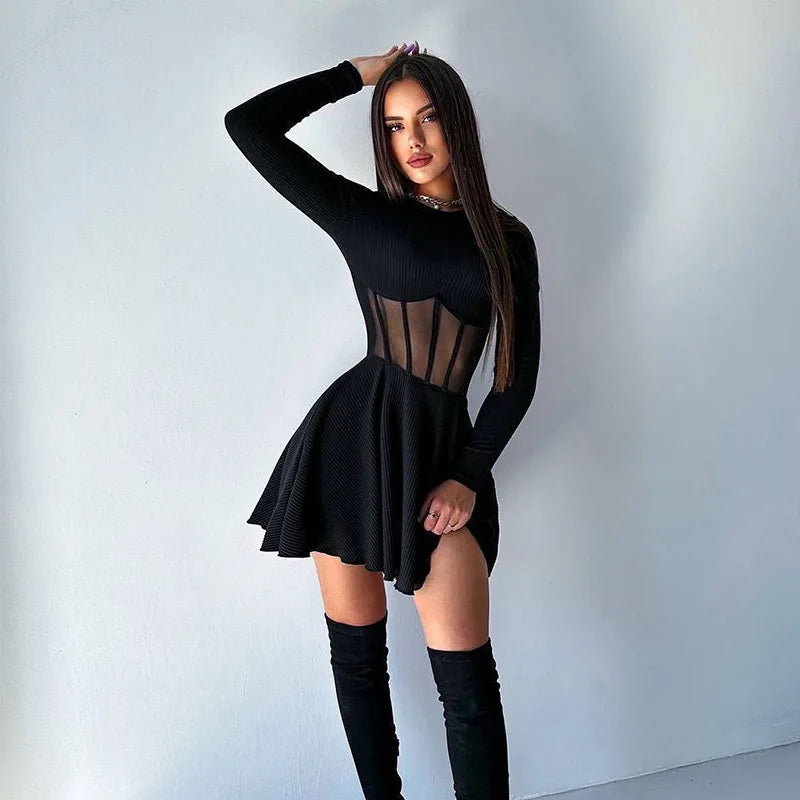 Women Fall Fashion A Line Dress Long Sleeve Crew Neck Stunning Mesh Splicing Corset Dress Y2K Going Out Night Club Party  Dress SwiftNest