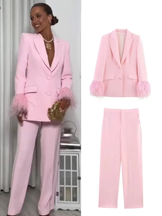 HH Women Fashion Pink Sets Turn-Down Collar Long Sleeves Single-Breasted Feather Blazer+High Waist Pocket Zipper Long Pants