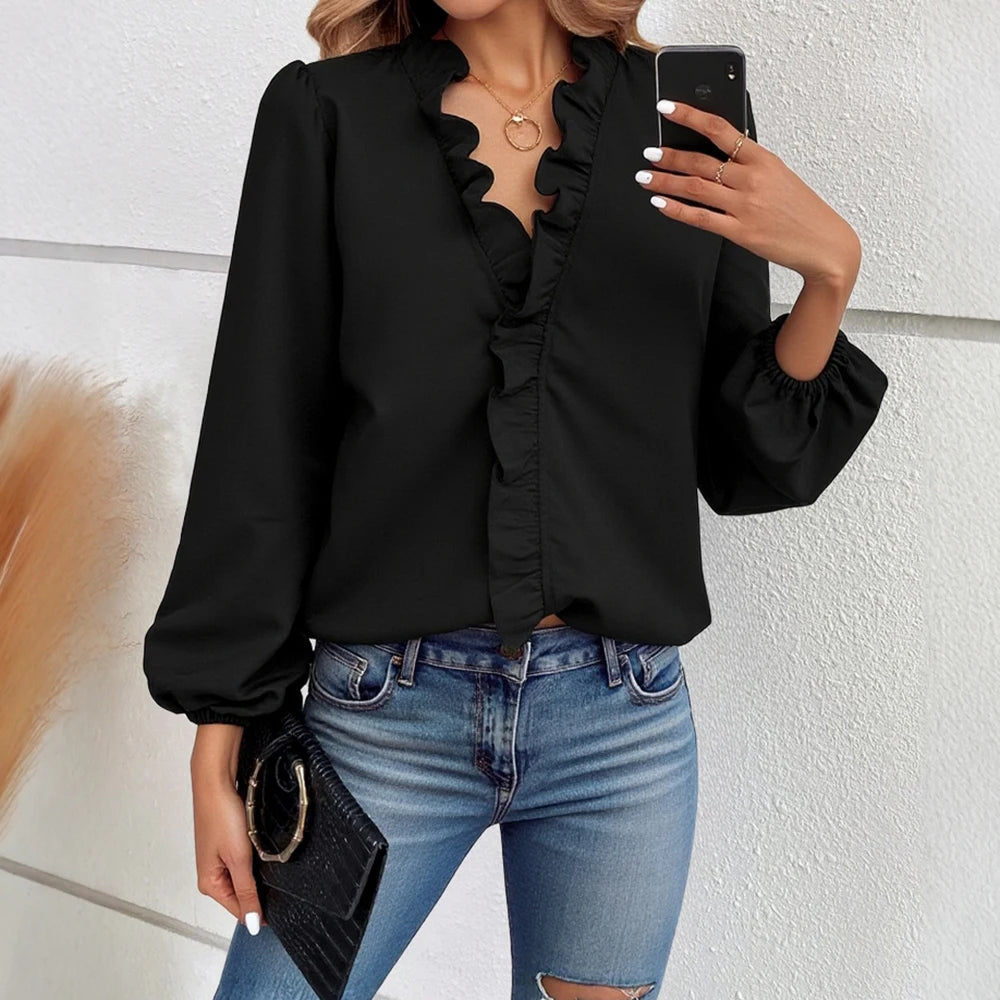 Women’s Autumn Fashion 2025 Soft Flounce Detail V-Neck Shirt with Voluminous Cuff Sleeves for a Cozy and Cute Vibe SwiftNest