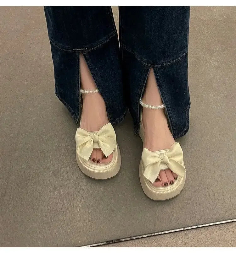 Comfort Shoes for Women Pearl Sandals Suit Female Beige Increasing Height Block Heels All-Match Black Bow 2024 Fashion Chunky Gi