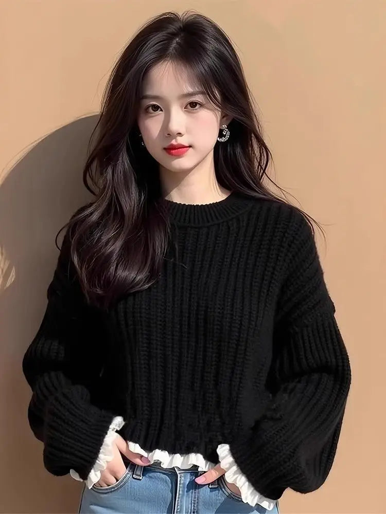 Women's Clothing Fashion Sweet Splicing Fake Two Sweaters Autumn Winter New Elegant Solid Folds Side Sweaters Lady O-neck Tops