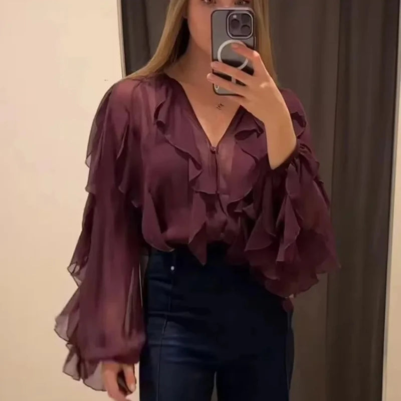 2025 New Fashion Sexy Women Translucent Ruffles Blouses V-neck Single Breasted Tierred Causal Tops Beach Style Solid Shirt SwiftNest