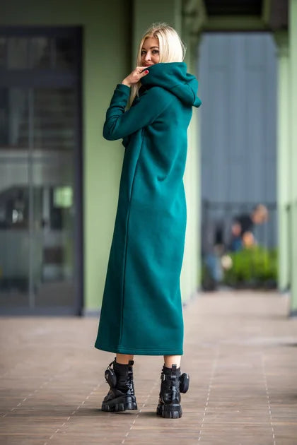 Women Fashion  New Loose Large Knitted Hooded Autumn Winter Long Dress Velvet Hoodie Dress Casual Dress Splicing Warm Dress