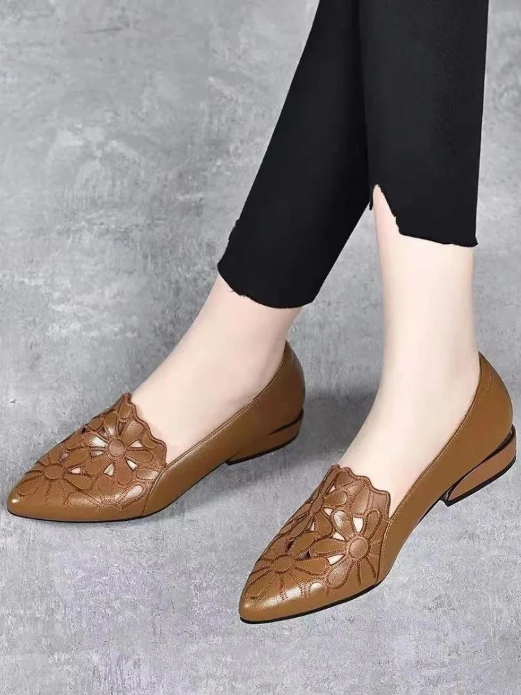 Flowers Hollow Sandals Women Retro Pointed Toe Chunky High Heels Breathable Fashion Ladies Shoes Zapatillas Mujer 2023