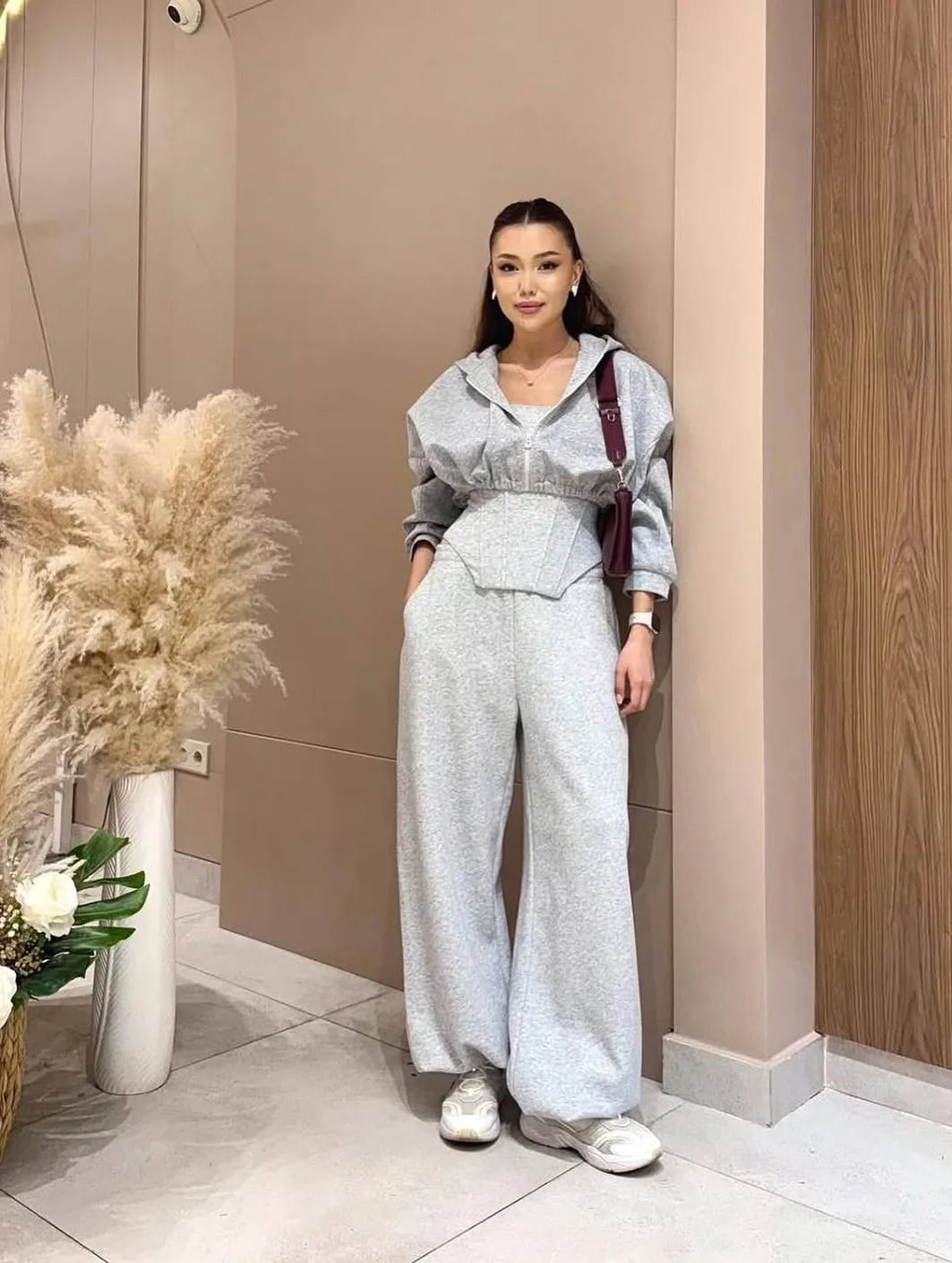 Women's clothing 2025 autumn new fashion hooded sweatshirt jacket vest wide leg pants three piece set