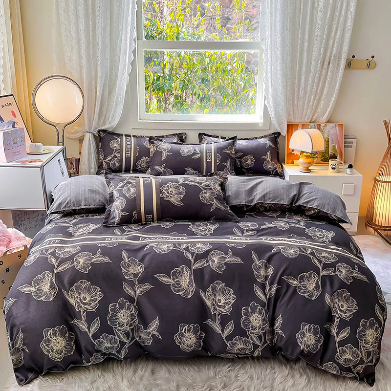 Home Textile Microfiber Bedding Set 4pcs Duvet Cover Set Printed Grey Bed Linens 2025 New Polyester Top Sheet Pillowcase