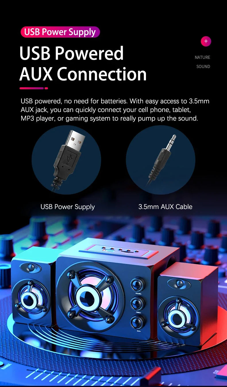 Powerful Bluetooth Speakers Colorful LED Home TV Theater Sound Wireless Subwoofer 3D Stereo Surround Wooden Material USB Wired