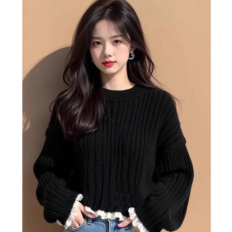 Women's Clothing Fashion Sweet Splicing Fake Two Sweaters Autumn Winter New Elegant Solid Folds Side Sweaters Lady O-neck Tops