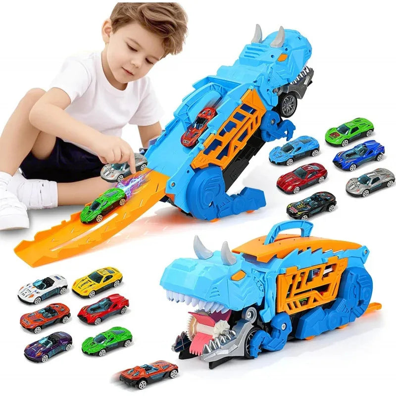 Dinosaur Toys for Kids Boys Ages 3-5, Car Track Set Dinosaur Transport Truck with Diecast Cars that Transform into Dinosaurs
