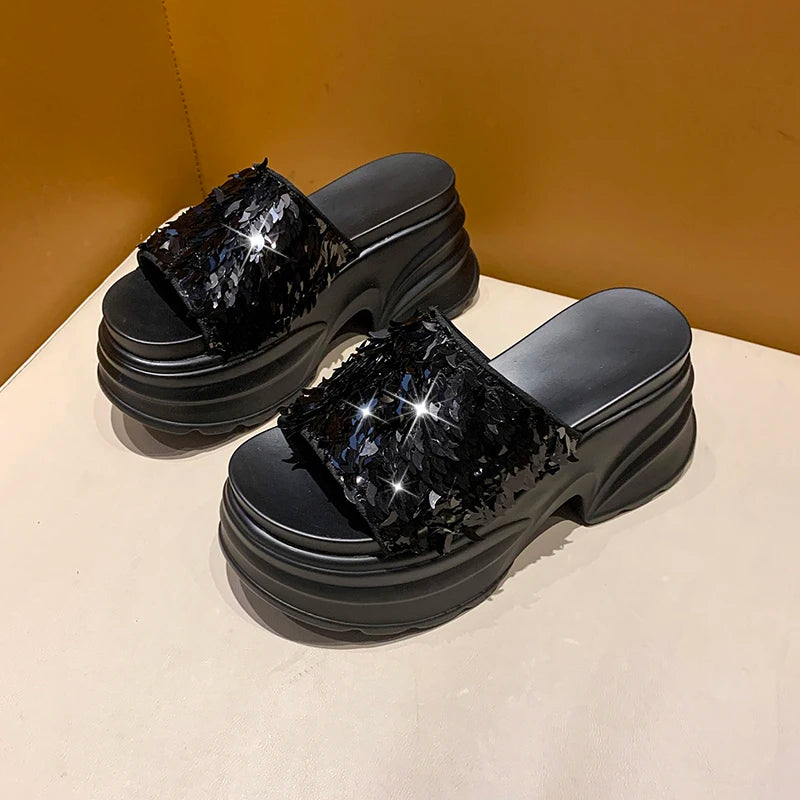 Aphixta Platform Sequined Cloth Sandals Slippers Women 8CM High Wedge Slides Women Shoes Gold Beach Slides Shoes