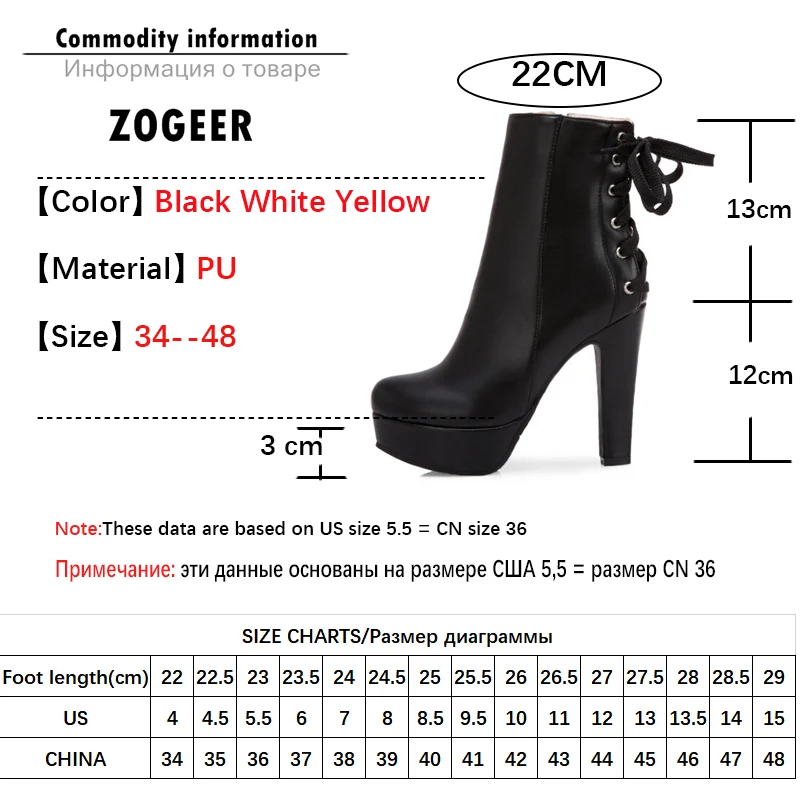 Fashion Ankle Boots Women Platform High Heels Short Boot Lace-up Black White Yellow Party Winter Shoes Lady Large Size 50 45