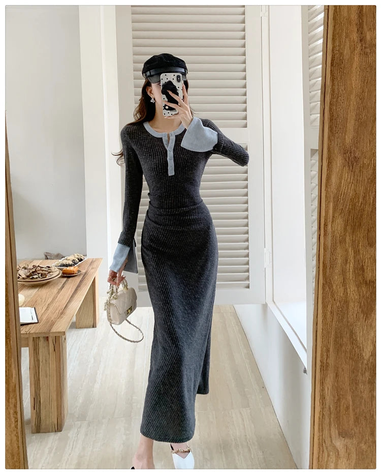 2025 Spring New Women Fashion Casual O-neck Party Dresses Ladies French Elegant Slim Waist Knitted Long Dress Vestidos Longos