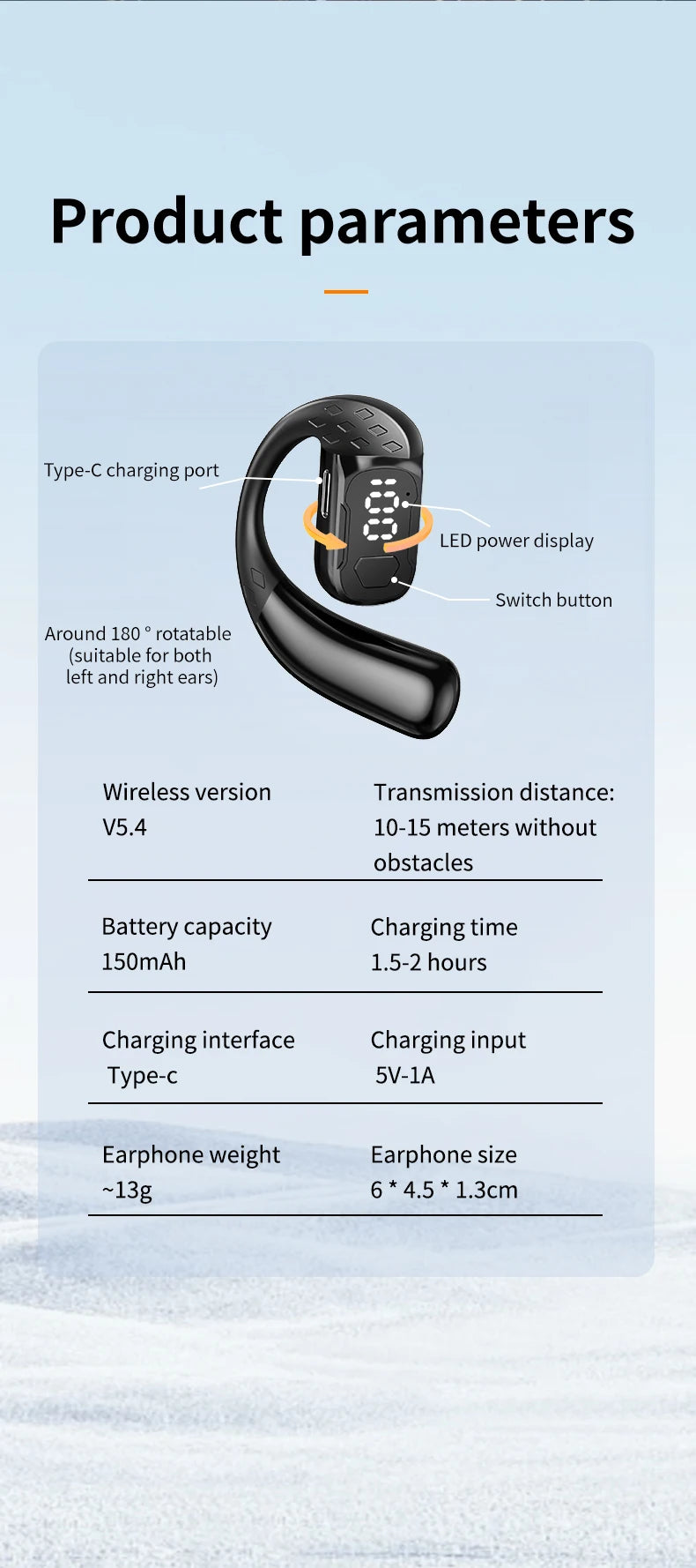 سماعة رأس لاسلكية بتقنية البلوتوث 5.4 مفتوحة بزاوية 180 درجة مع شاشة عرض LED للبطارية على كلا الأذنين وميكروفون وسماعة أذن