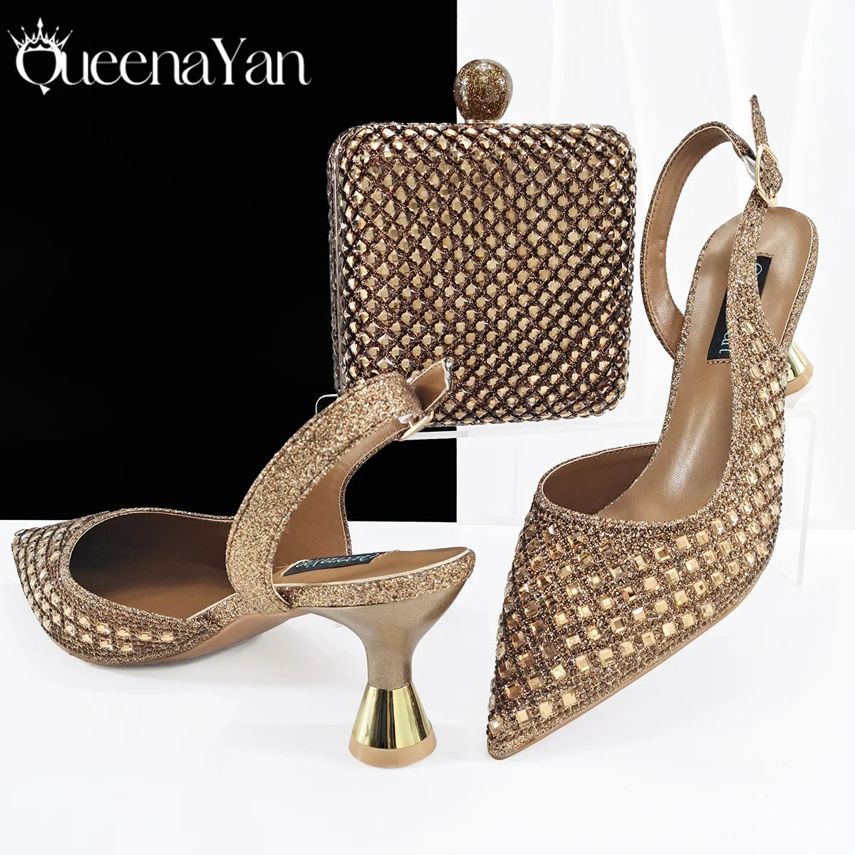 Queena Yan Italian Design Rhinestone Luxury Green Colour Pointed Toe Shoe & Bag Set Women's High Heels for Parties High Quality