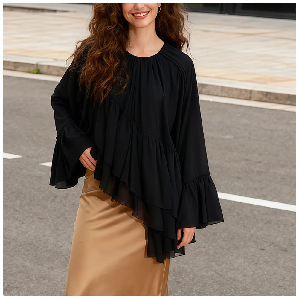 Womens Fashion Blouse Top With Ruffled Round Neck Long Sleeves And Asymmetrical Chiffon Shirt Autumn And Winter Casual Wear