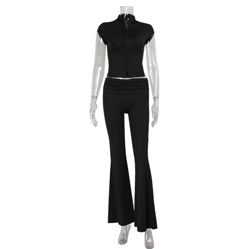 Women's Fashion Short Sleeve Pants Set Chic Tight Zipper Top Straight Leg Low Waist Trousers Casual Streetwear Commute Outfit