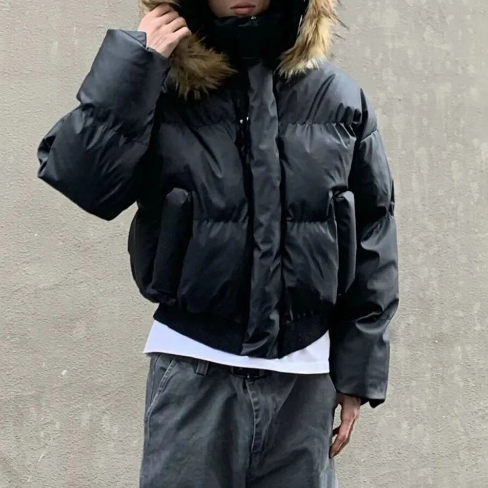 معطف رجالي من القطن بياقة من الفرو وغطاء للرأس لفصل الخريف والشتاء، معطف سميك أمريكي متقدم، جاكيت قصير للرجال من Y2K