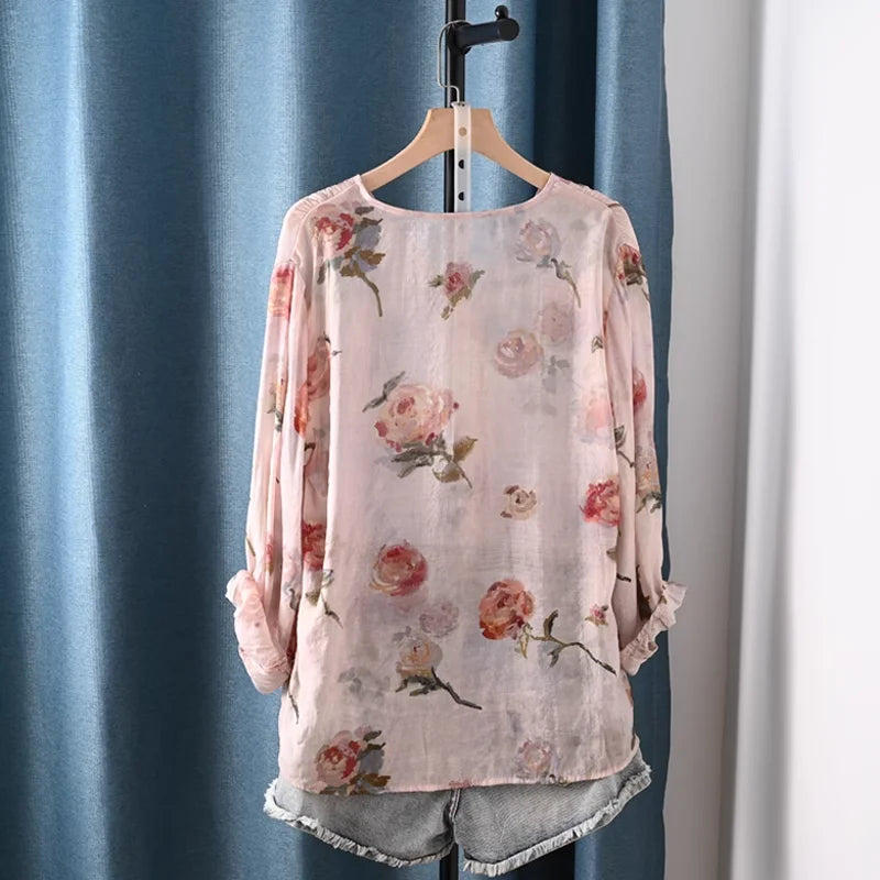 2025 Autumn clothes woman French fashion v neck rose floral print shirts and blouses for women vintage ladies tops
