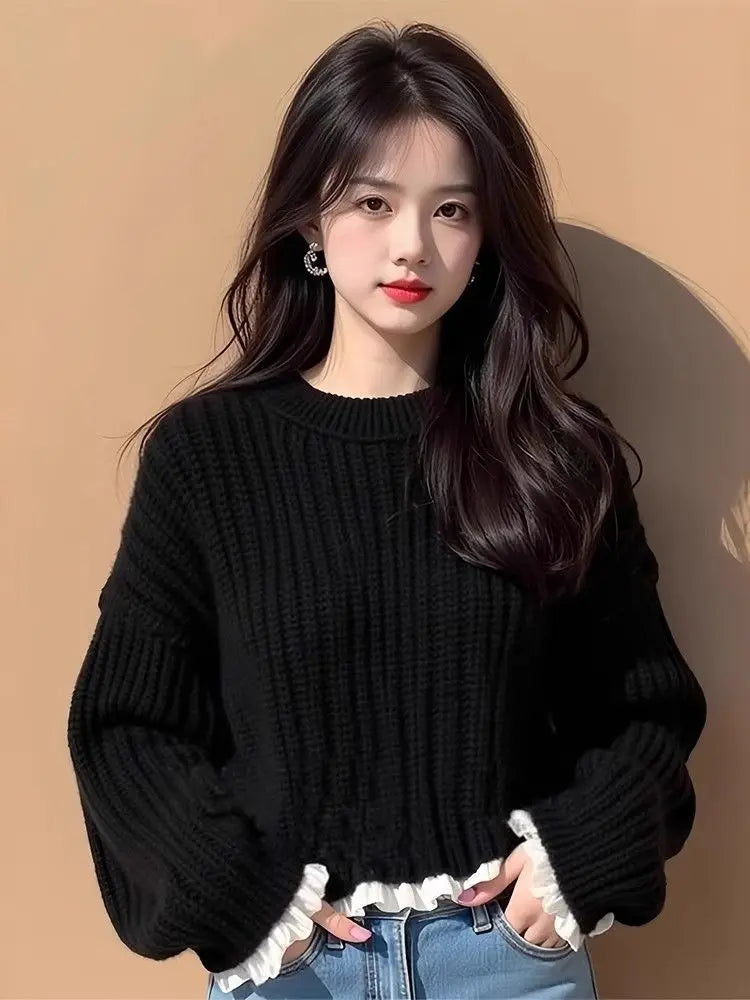 Women's Clothing Fashion Sweet Splicing Fake Two Sweaters Autumn Winter New Elegant Solid Folds Side Sweaters Lady O-neck Tops