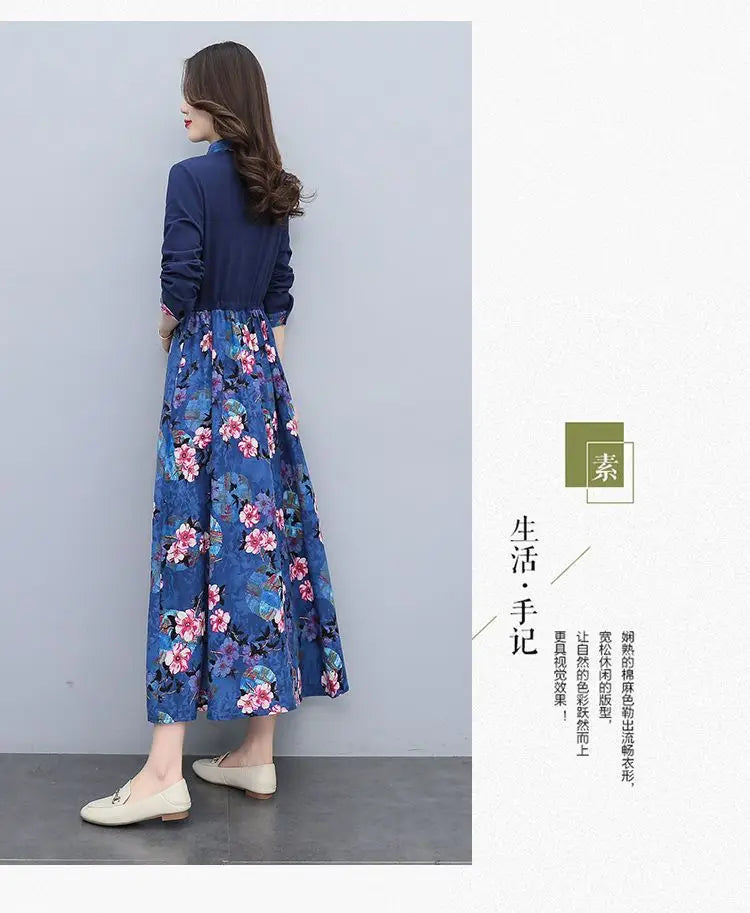 Women's Clothing Casual Printed Dresses Spring Autumn New Single-breasted Fashion Turn-down Collar Commute Drawstring Long Dress