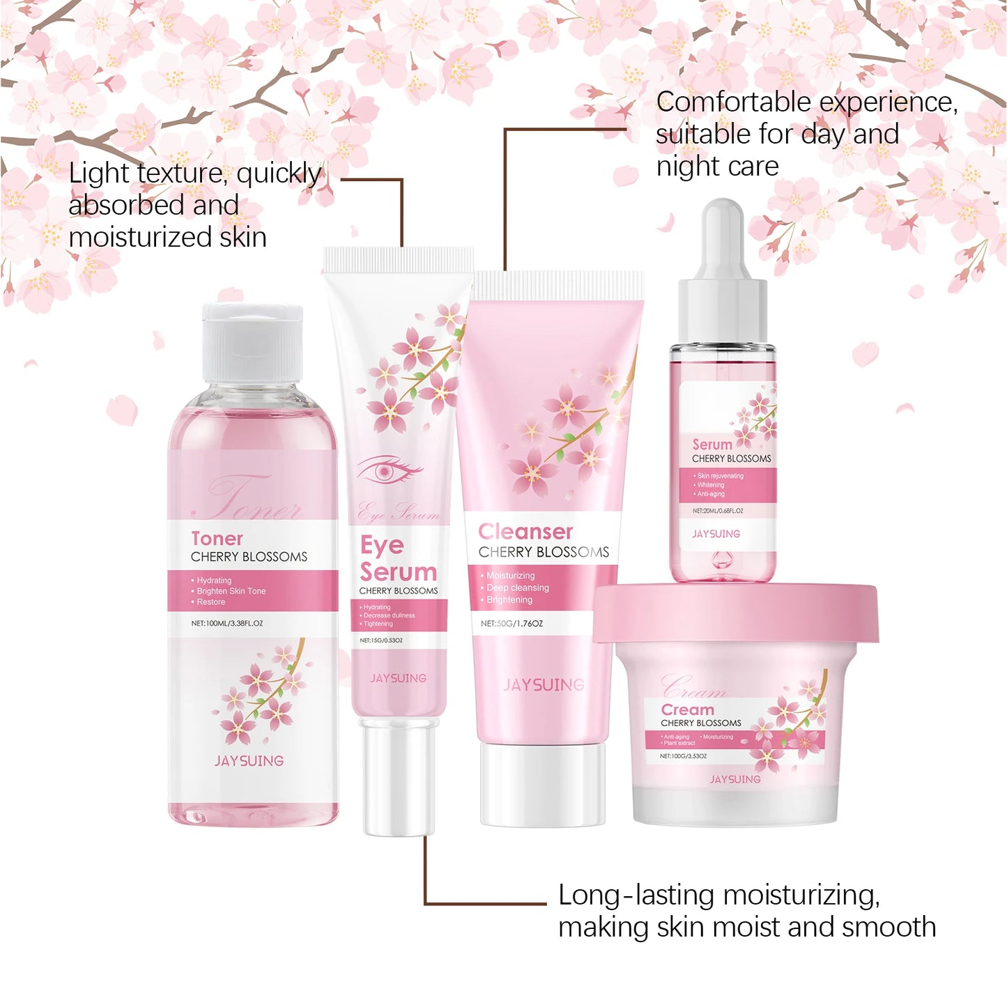 Sakura Skincare Set Moisturizer Face Cream Serum Toner Facial Cleanser Eye Cream Anti-Wrinkle Brighten Face Care Kit for Women