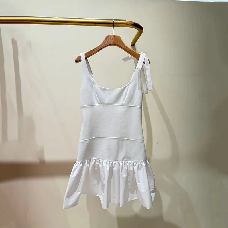 Women's white fashion patchwork dress with ruffled suspenders, slim-fitting square neck, elegant mini dress SwiftNest