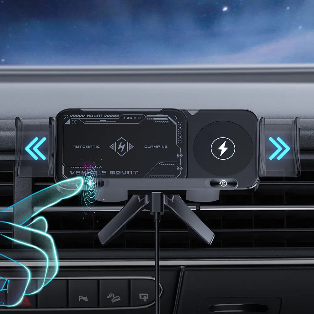 15W Car Wireless Charger Dual Coil Fold Screen Phone Holder Touch Rotation Phone Mount for Smartphone/Pad/Foldable Phone/Tablet