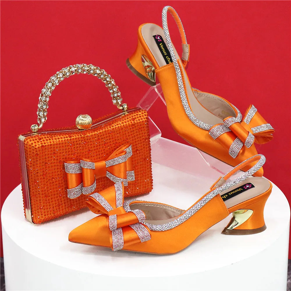 مجموعة أحذية وحقائب يد مدببة بمقدمة مدببة باللون الأخضر الزيتوني، أحذية بكعب متوسط ​​للنساء، مطرزة بأحجار الراين بتصميم إيطالي