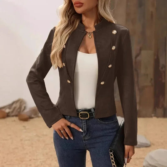 Women's Fashion Stand Neck Long Sleeve Jacket Short Coat Ladies Casual Solid Slim Double-breasted Blazer Elegant Lady Jackets SwiftNest