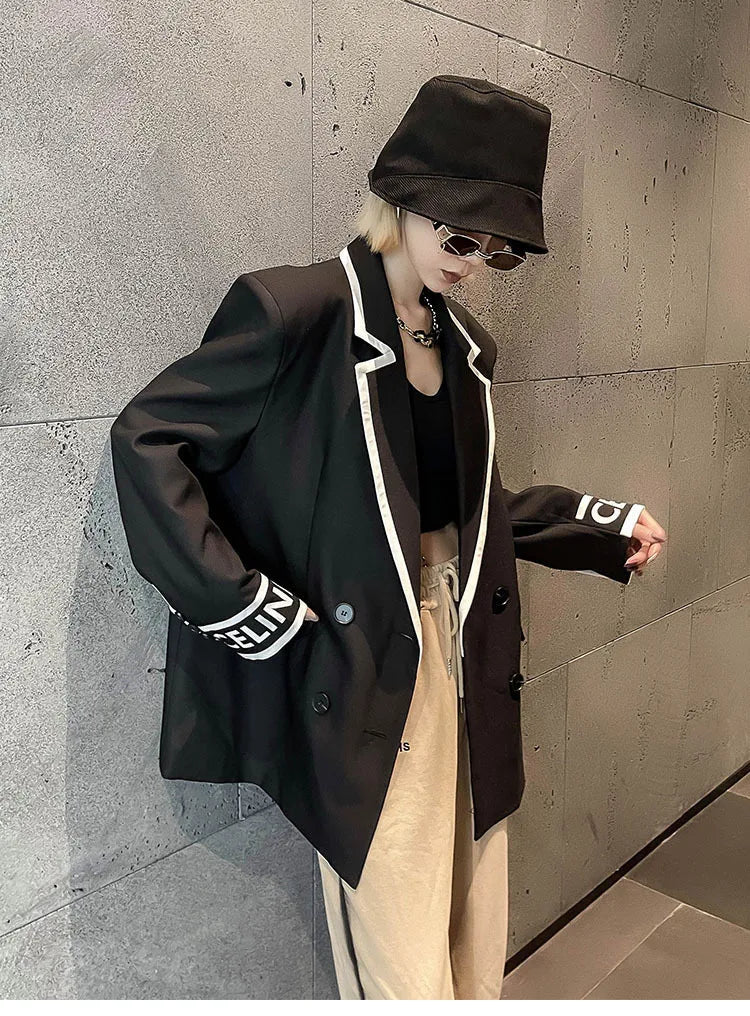 Women Fashion Jacket Wedding Casual Business High Quality Black Blazer Suit Coat Ladies Double Breasted Letter Long Sleeve Tops