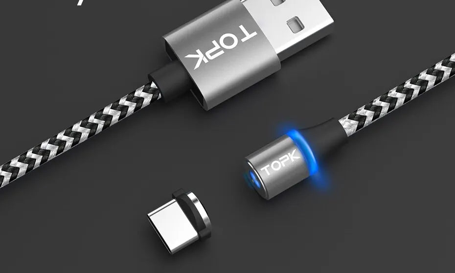 Magnetic Charging Cable 3 IN 1 TOPK 360 Rotation Magnetic Phone Charger Cable with LED Light for Micro USB Type C Cable