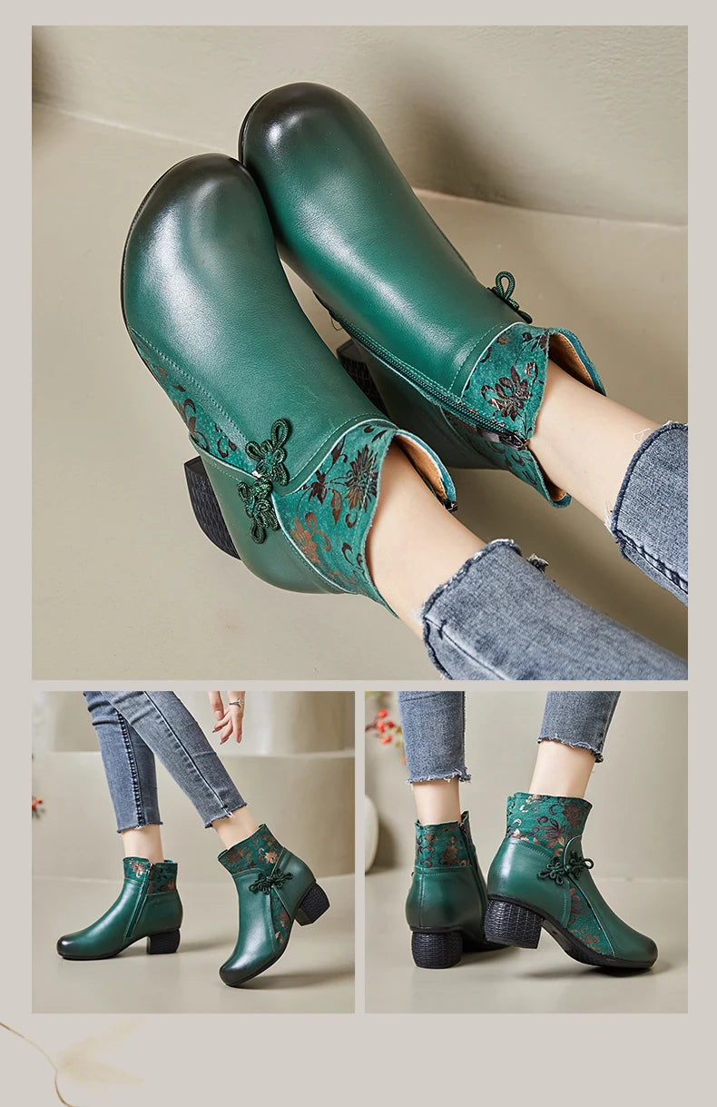 GKTINOO Genuine Leather Ankle Boots 2025 Winter New Ethnic Printed Women's Boots Soft Soles Thick Heels Mother's Leather Boots